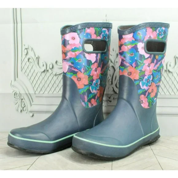 Bogs Pansies Blue Rubber Pull On Floral Waterproof Rain Boots Size 4 Youth - Picture 2 of 9